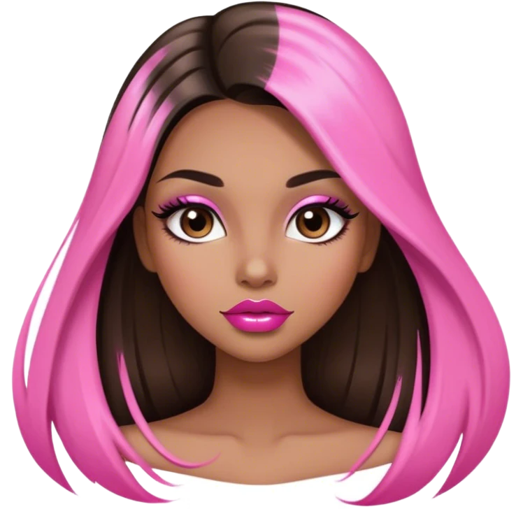 Glamourous, light brown skin tone, very beautiful girl, with big plump pink shiny lips, long long lashes, black straight smooth silky long hair, straight parting hair, brown eyes emoji