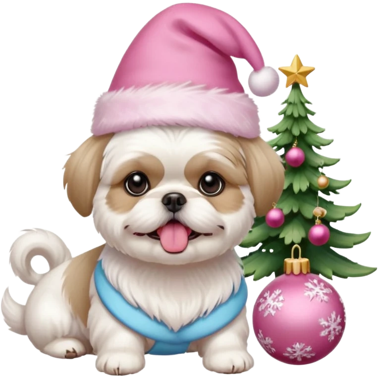 one white all over little shih tzu dog short hair with tongue hanging out sitting with light pink christmas hat sitting next to pink ornament emoji