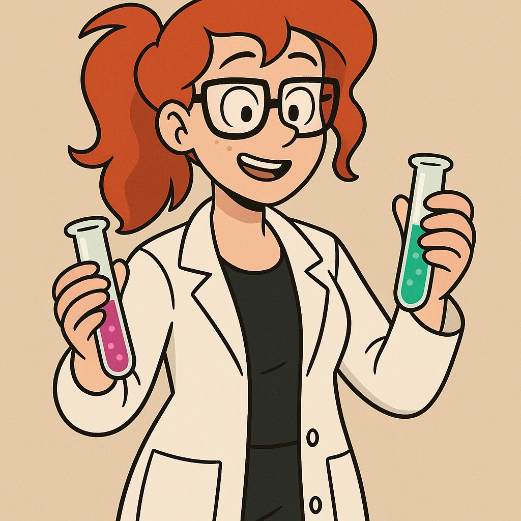 red-haired female chemistry professor wearing white lab coat and glasses, holding colorful test tubes, modern cartoon style emoji