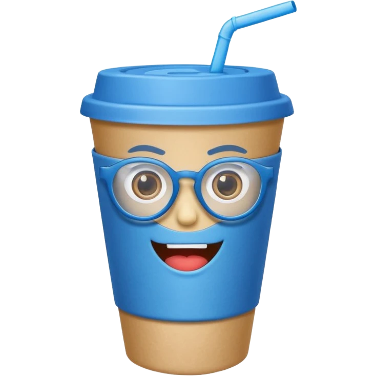 drink in a paper cup and straw, the cup has eyes and mouth and glassess emoji