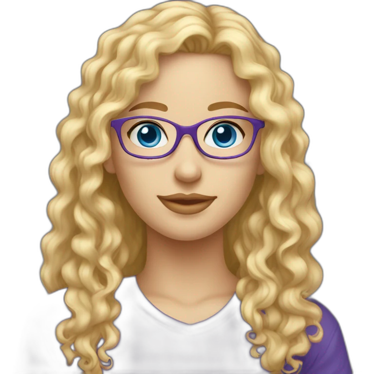 caucasian curly blonde long haired blue eyes glasses woman purple t-shirt emoji