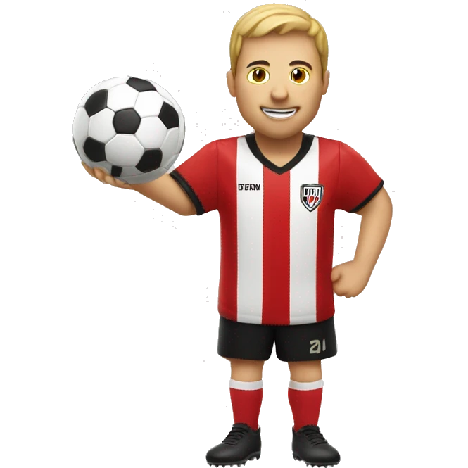 Scoring soccer goal wearing red and black stripe jersey emoji