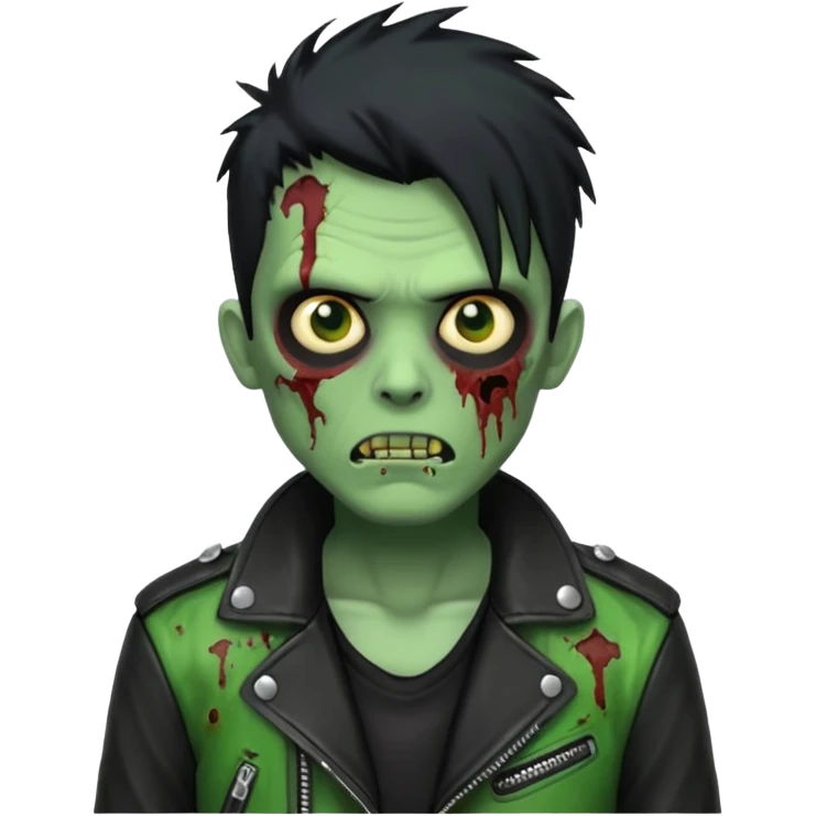 Hombre zombie de piel verde con chaqueta de cuero punk, pelo negro emoji