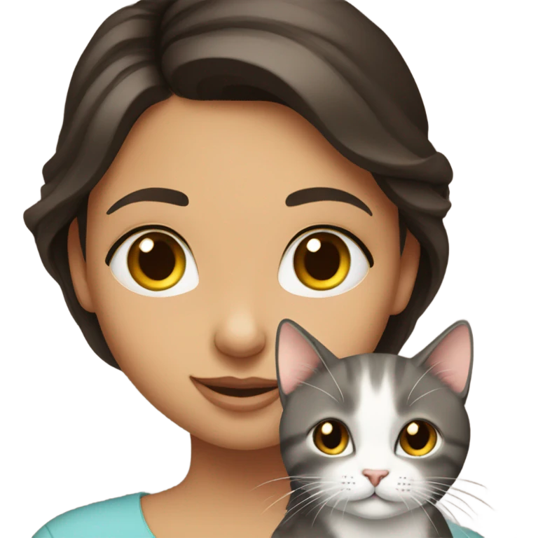 portrait of a beautiful brunette girl holding a cat emoji