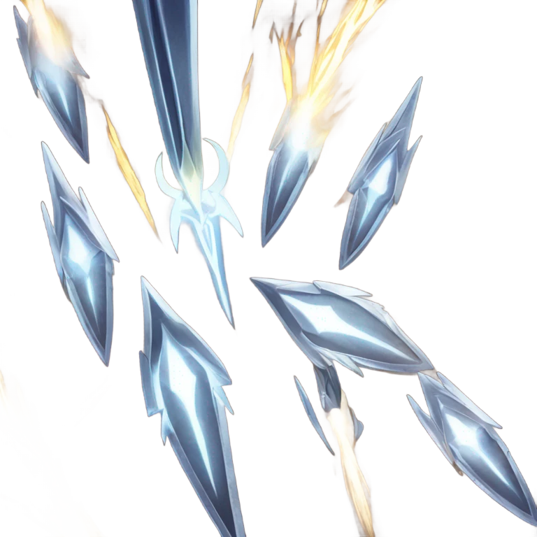  Several glowing, razor-sharp blades of light flying through the air in quick succession, slicing through enemies with trails of light left behind. emoji