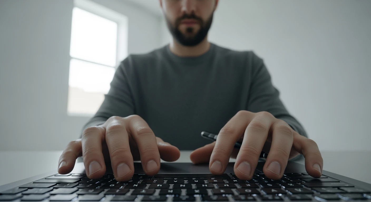 Cinematic still, POV camera, Man writing on macbook pro keyboard, minimalistic environment emoji