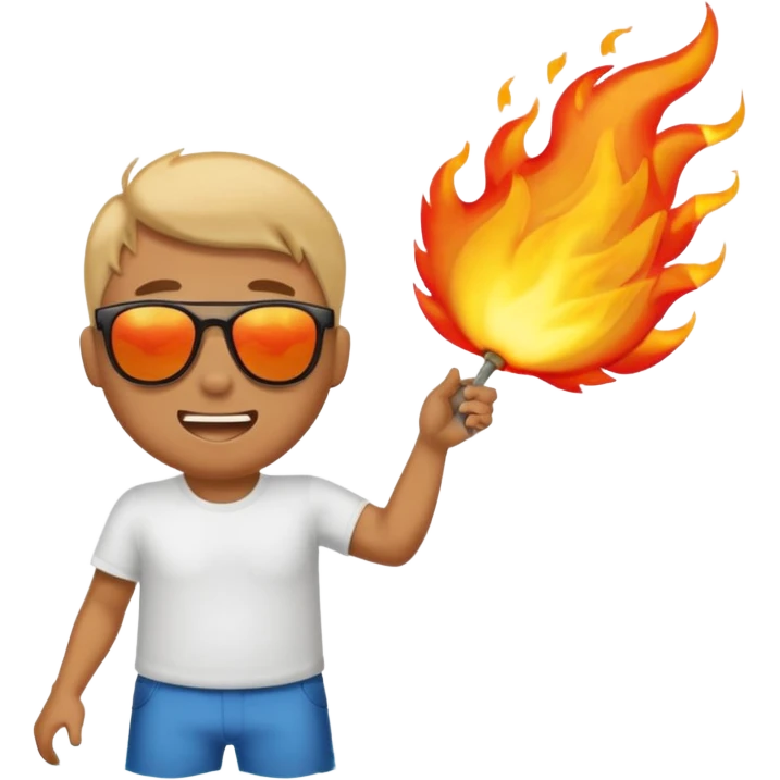Comic emoji of man trying to fan himself because it's sunny then suddenly his butt is on fire but then it got bigger and then goes to the ocean but makes the fire bigger emoji