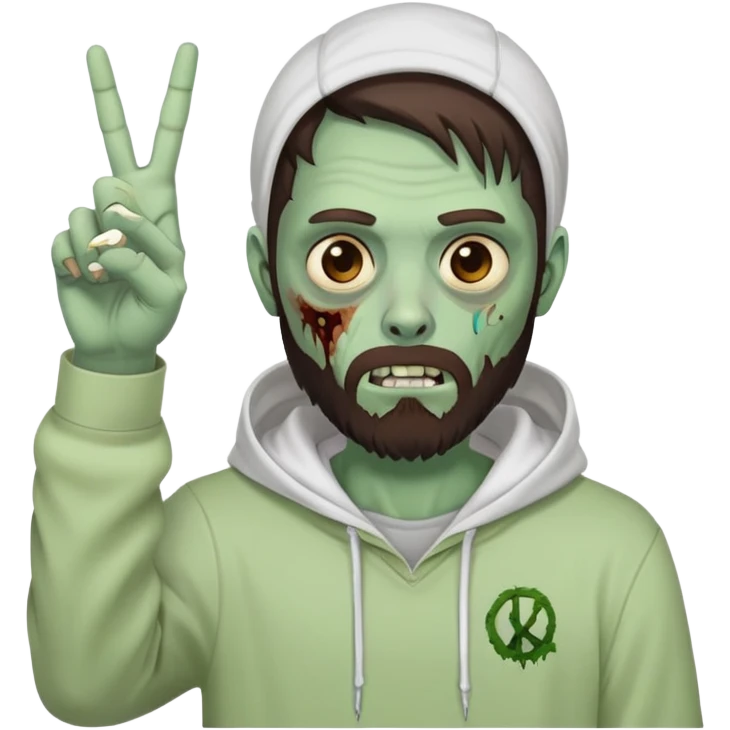 zombie making peace sign, undercut hairstyle with dark brown hair, short full beard, wearing plain white hoodie emoji