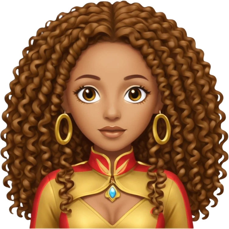 Melanie Brown with brown long curly hair, gold outfit emoji
