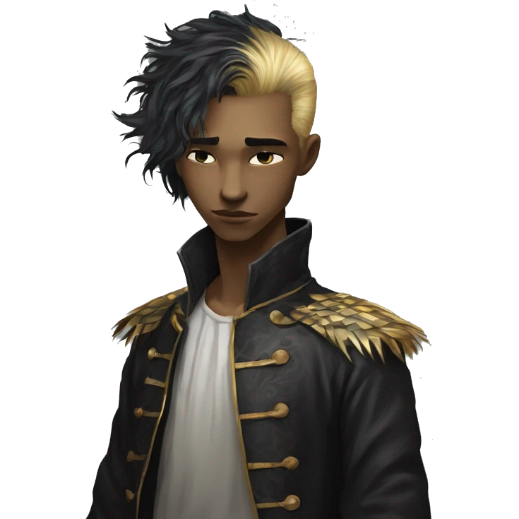 Hamlet young skinny sad man iridescent hair wearing raven feathers with golden flames yin yang chess board emoji