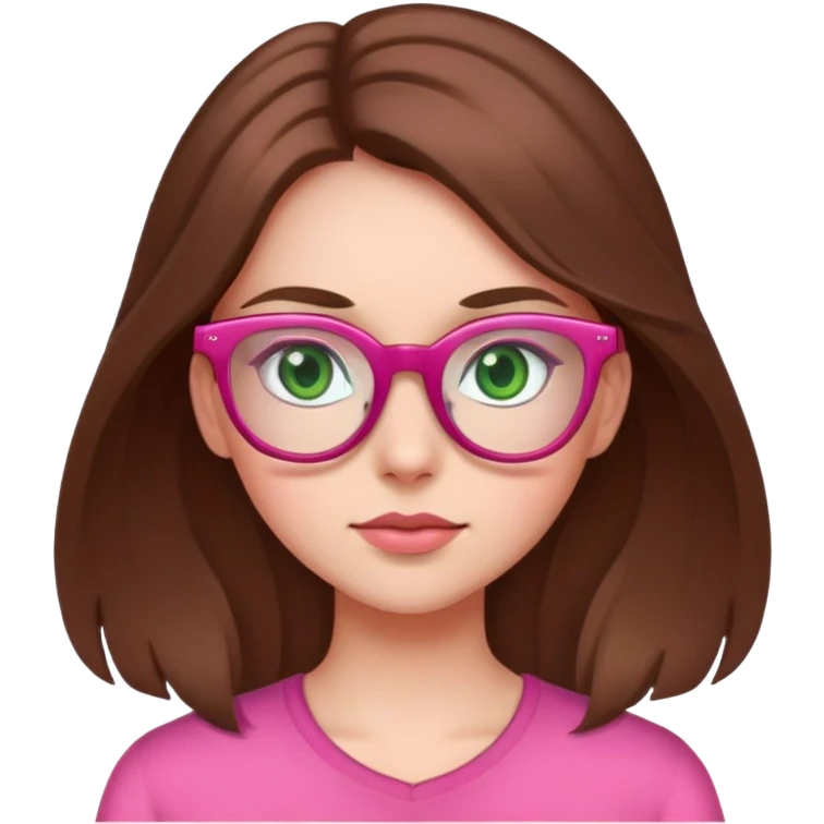 Girl long brown hair, green eyes, glasses, pink emoji