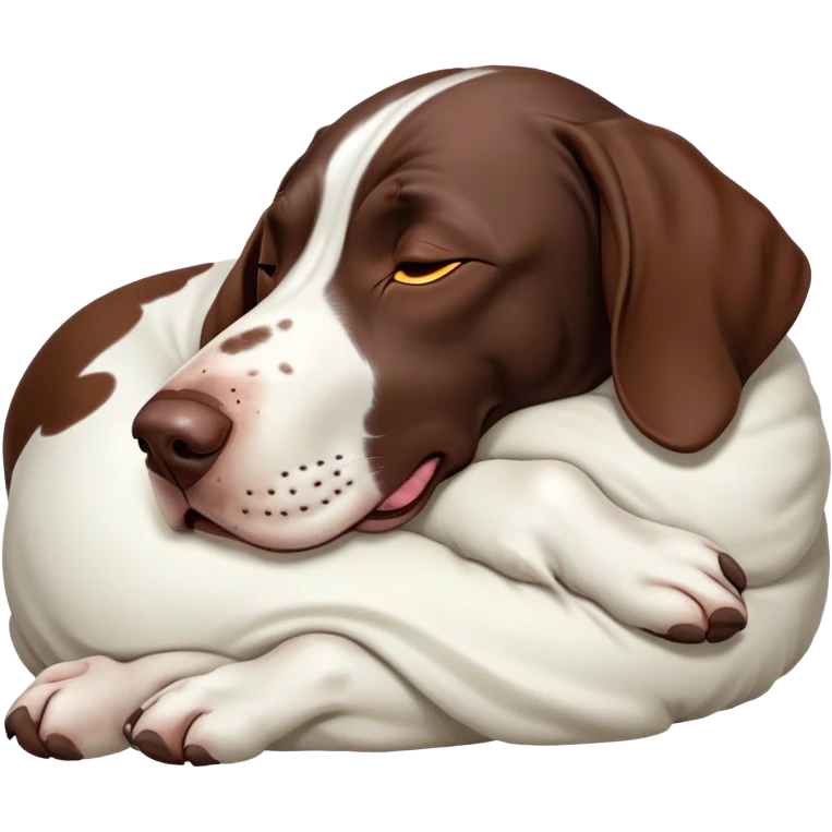 Cinematic Meme-Worthy Chubby Sleeping German Pointer Portrait Emoji, Head resting peacefully with a contented smile, showcasing a delightfully chubby build and a luxuriously soft liver and white coat, eyes shut in a serene nap, Simplified yet hilariously adorable features, highly detailed, glowing with a soft, drowsy light, high shine, relaxed and utterly lovable, stylized with an air of playful laziness, bright and heartwarming, soft glowing outline, capturing the essence of a comically sleepy hunter, so meme-worthy it feels like it could instantly become the next viral sensation of adorable slumber! emoji