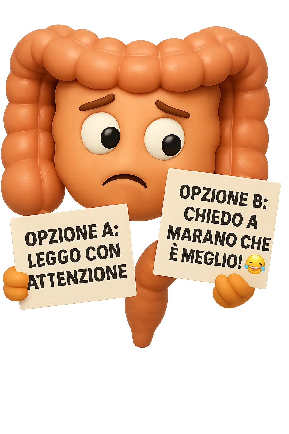 SU QUESTO STILE FAI UN EMOJI STILE IPHONE 3D DI UN INTESTINO CHE HA nella mano destra "OPZIONE A: LEGGO CON ATTENZIONE" E NELLA MANO SINISTRA" OPZIONE B: CHIEDO A MARANO CHE è MEGLIO! (METTICI UNO SMILE CON RISATE QUI)", FAGLI UN ESPRESSIONE CONFUSA MENTRE GUARDA L'OPZIONE A E FALLO MOLTO REALISTICO IN 3D emoji