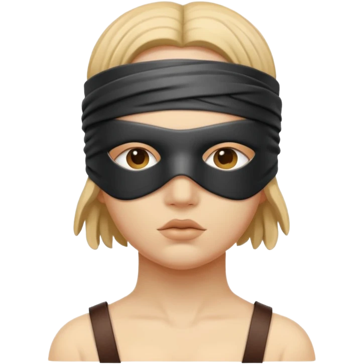 Statue-like figure blindfolded with leather straps, devotion and submission emoji