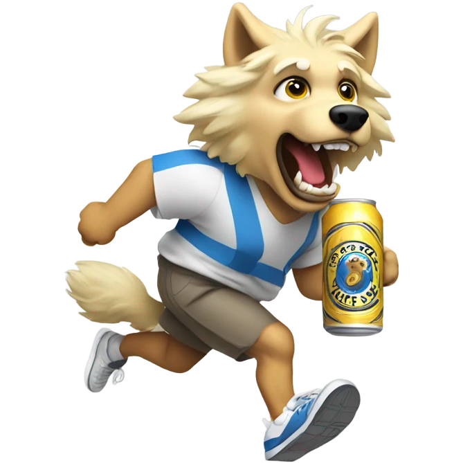 Wolf animal with a blonde wig in sneakers holding a beer running  emoji