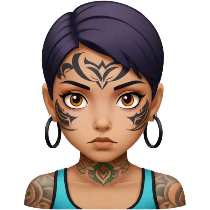 girl with bold face tattoos, serious expression emoji
