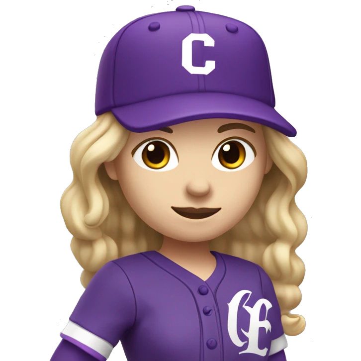 baseball card character. Blonde female long shoulder length hair. letter C logo. Purple and white uniform. emoji
