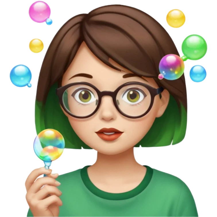 short brown hair with green ends woman blowing bubbles with glasses  emoji