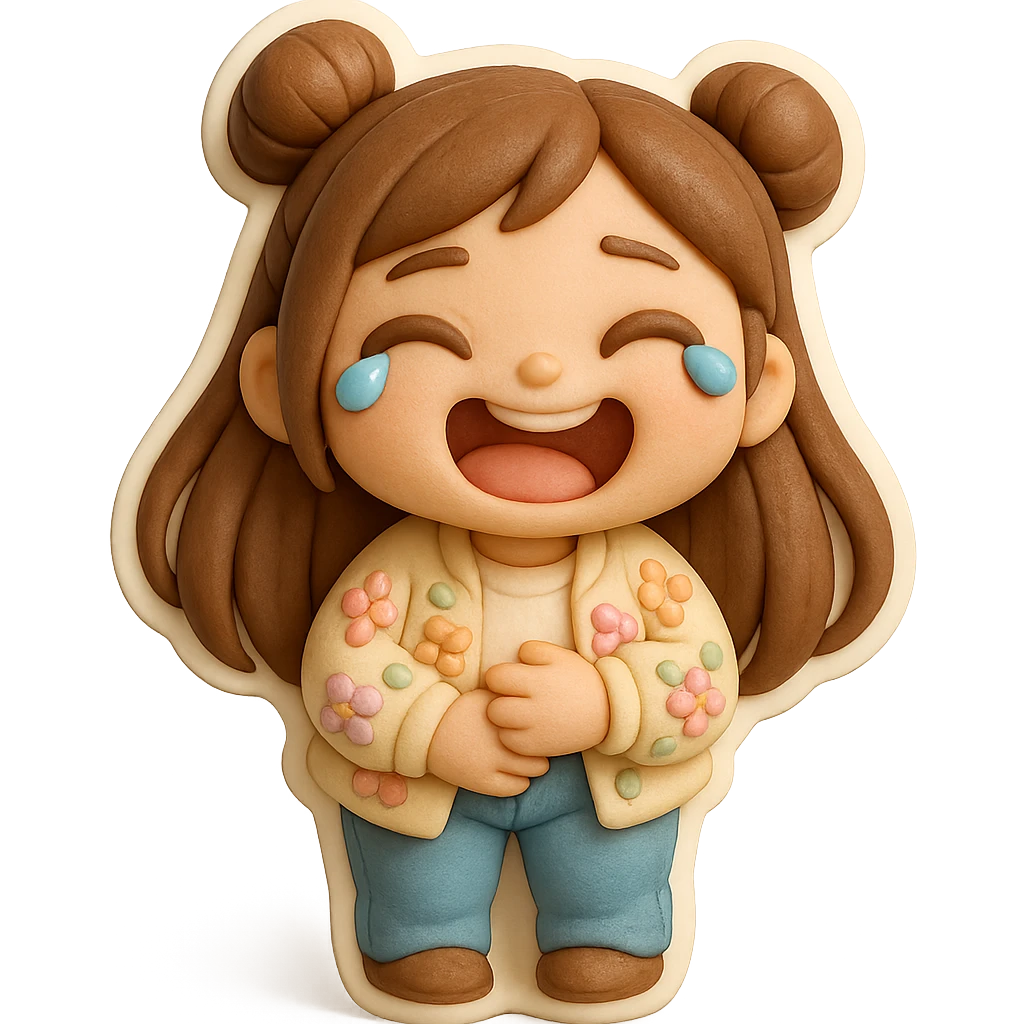 3D chibi girl in fondant cake art style, high-quality rendering with smooth shadows and soft gradients, long brown hair in two space buns, brown eyes, jeans, pastel floral cardigan, thick white outline like a sticker, transparent background, laughing to tears holding her belly, preserve facial features from reference image emoji