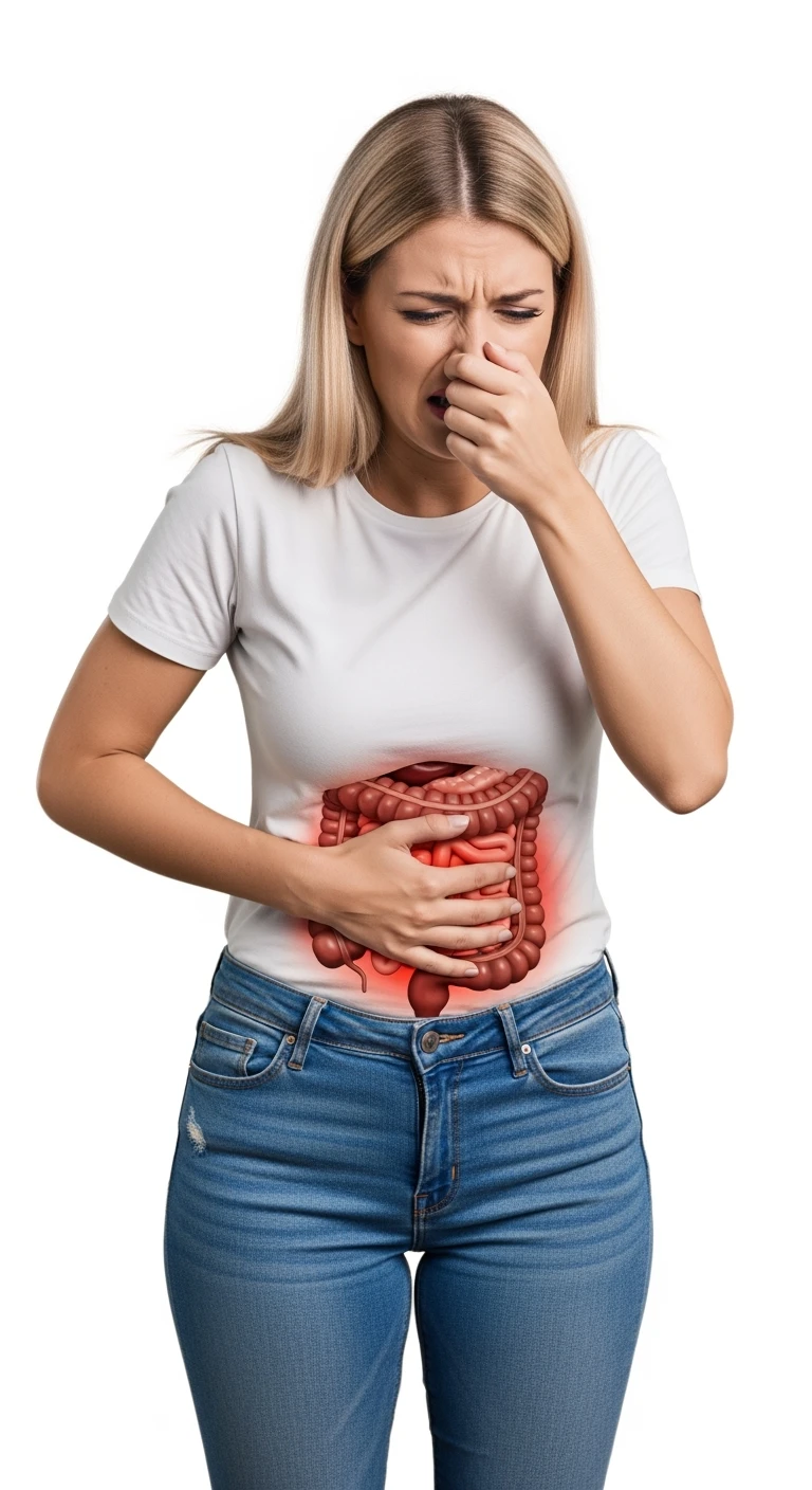 DONNA CHE SI TIENE LA PANCIA CON INTESTINO ANATOMICO UMANO VISIBILE, MAL DI PANCIA, CON L'ALTRA MANO SI TAPPA IL NASO PER LA PUZZA, ISOLATA SU SFONDO BIANCO emoji