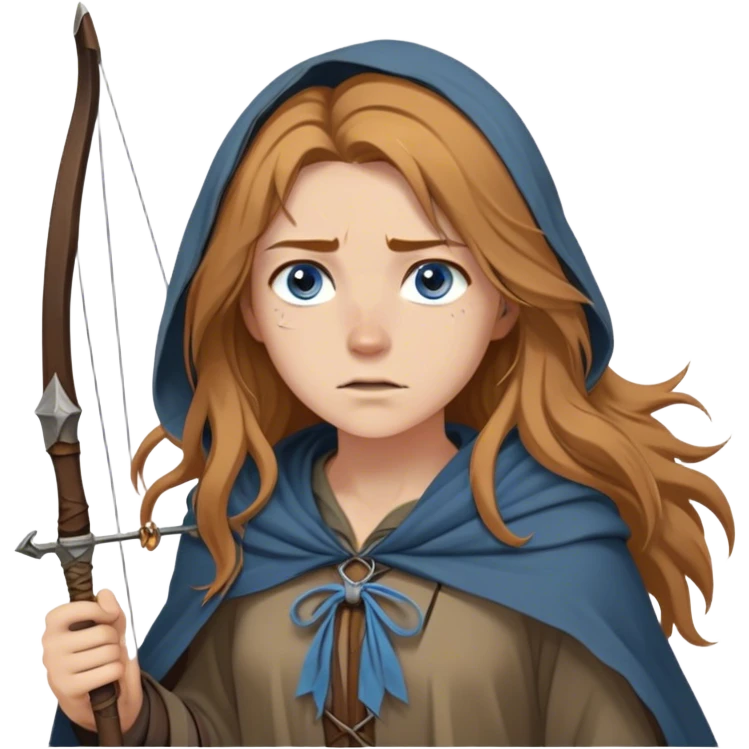 A young human woman with long, unkempt golden-brown hair, piercing blue-gray eyes filled with quiet determination. Dressed in a worn tunic and a tattered cloak, her calloused hands grip a bow, a hunter surviving against the odds. emoji