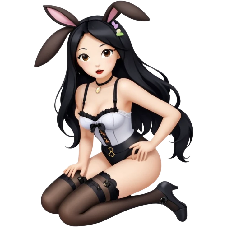 Beautiful Asian woman with full lips, long black hair and brown eyes, intimate, sfw black nylon stocking black bunny ears and garter belt pose, sfw emoji
