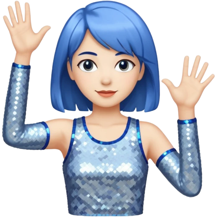 Woman with medium length blue hair doing jazz hands emoji