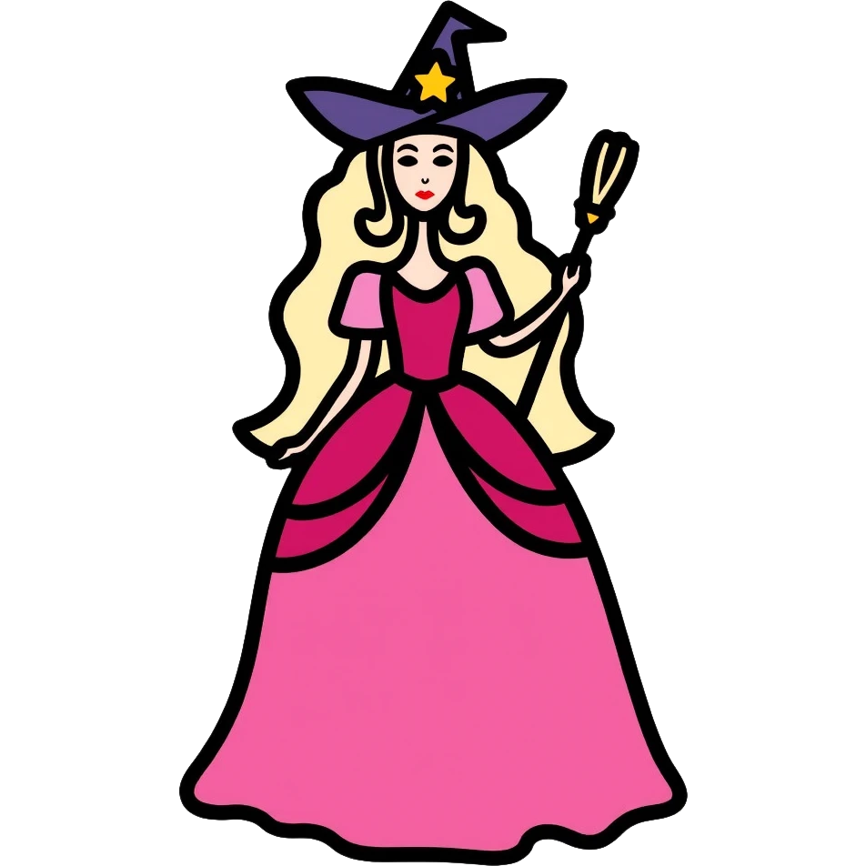 Glinda from Wicked musical, blonde witch with tiara, pink dress and magic wand emoji