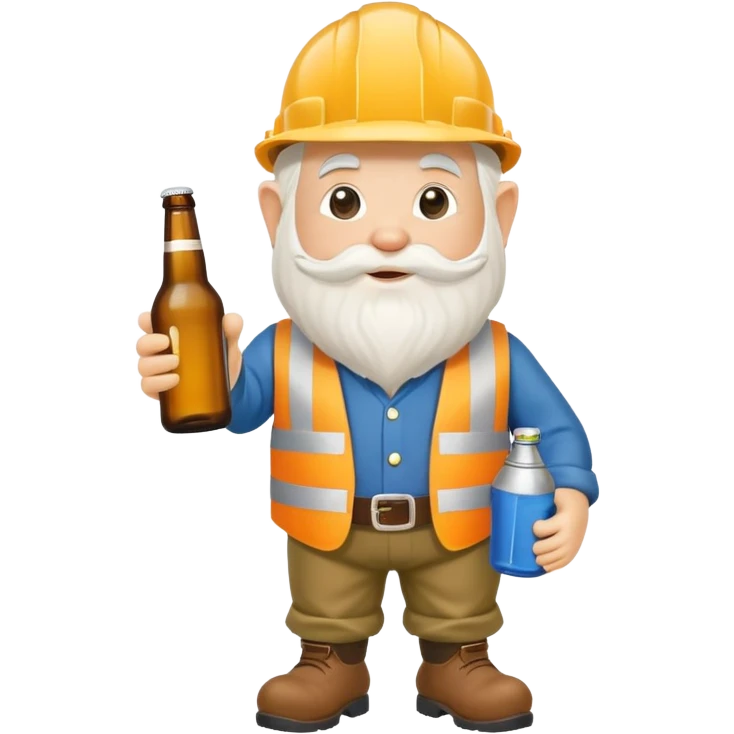 Garden gnome wearing construction clothes holding a bottle of beer emoji
