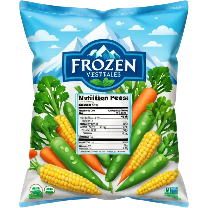 A colorful plastic bag of frozen mixed vegetables (peas, carrots, corn, and broccoli) with a bright label showing freshness and nutrition info. The bag surface has light frost and condensation. Placed in a freezer display section with other frozen food packs around it, real-life grocery store look. emoji