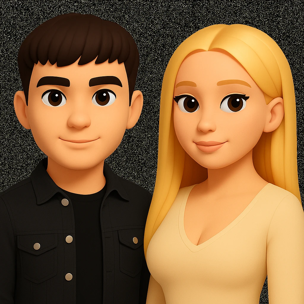 In the style of 3D Emoji, slightly increase the volume of the upper body of the girl, separate the girl and the boy from each other, and make the skin color the same for both characters. emoji