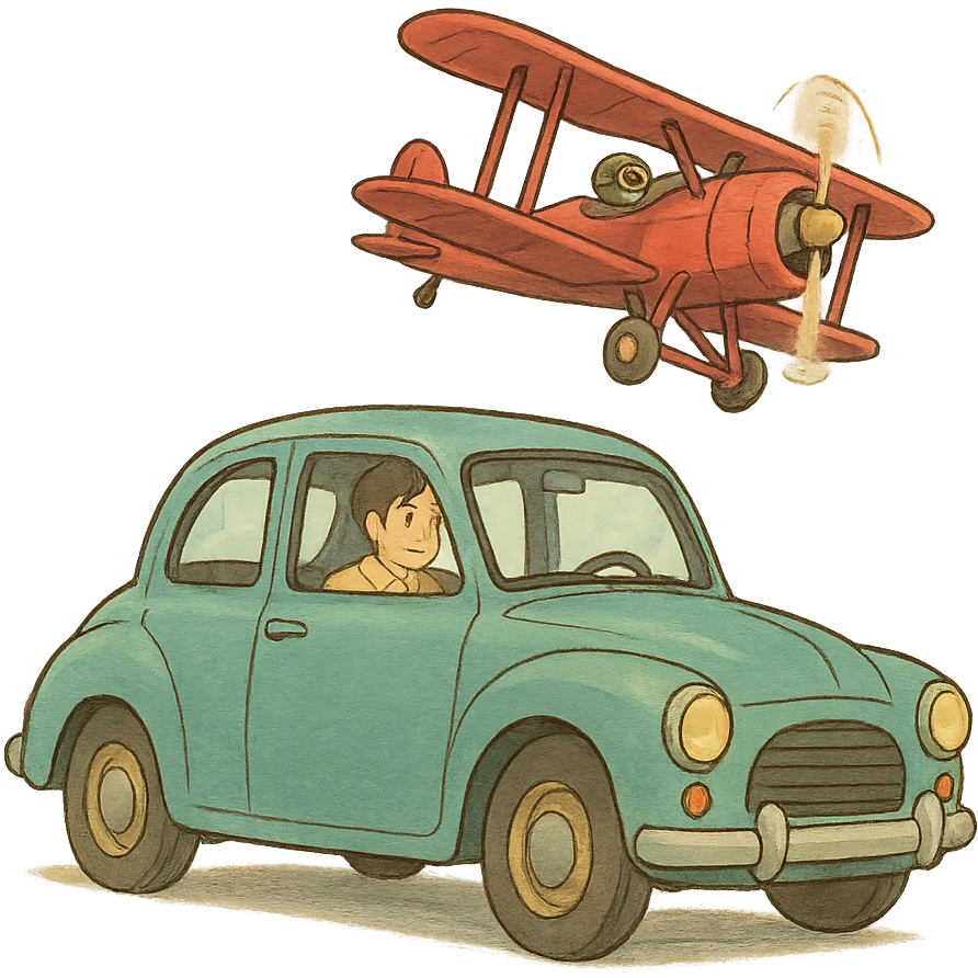 ghibli style car with a plane emoji