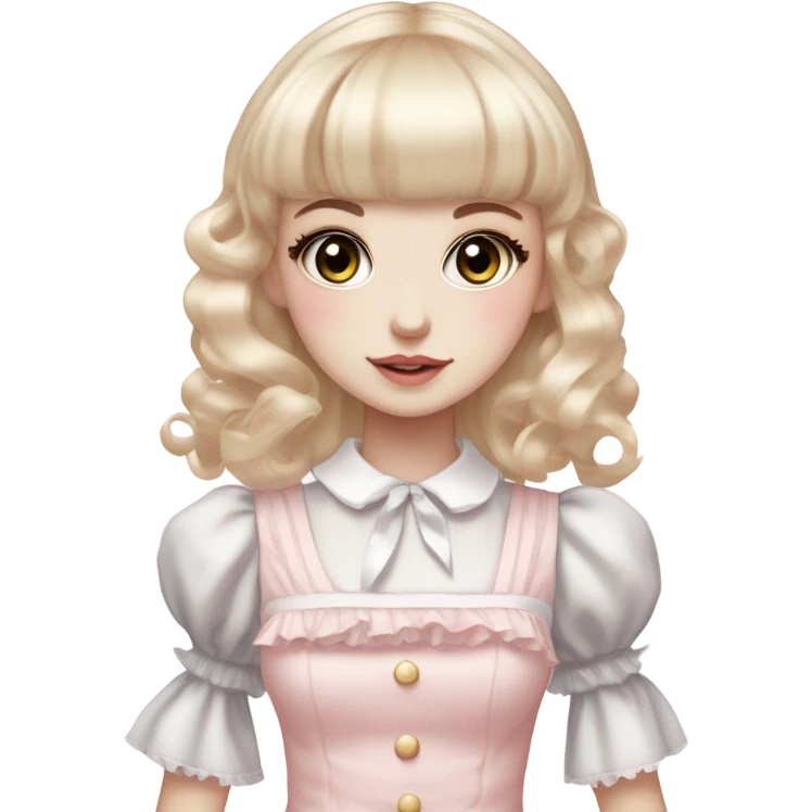 pale girl , who has curly medium length blonde and baby pink swirled hair with bangs , grey eyes , and doll like makeup , in a light pink lolita hime gyaru dress  emoji