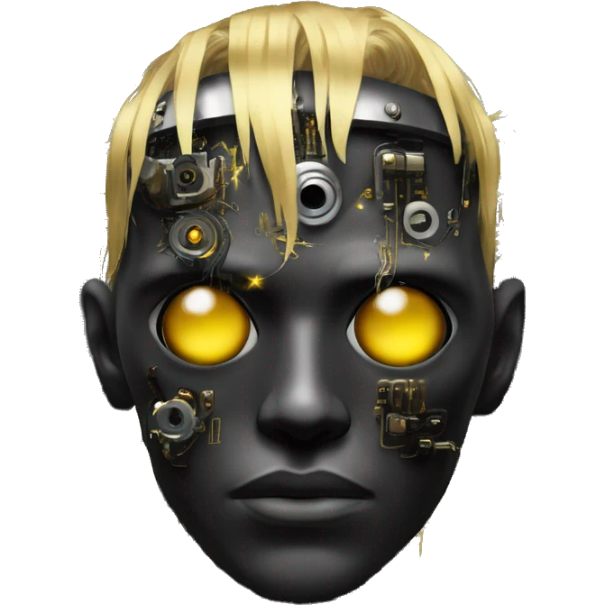 black metal male cyborg head with artificial eyeball, circuitry and wispy yellow gold hair emoji