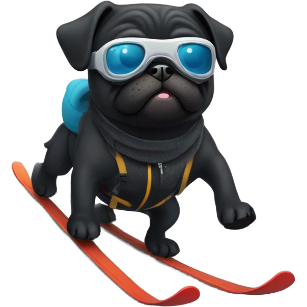 Black pug with a curly tail and goggles skiing on a snowy mountain emoji