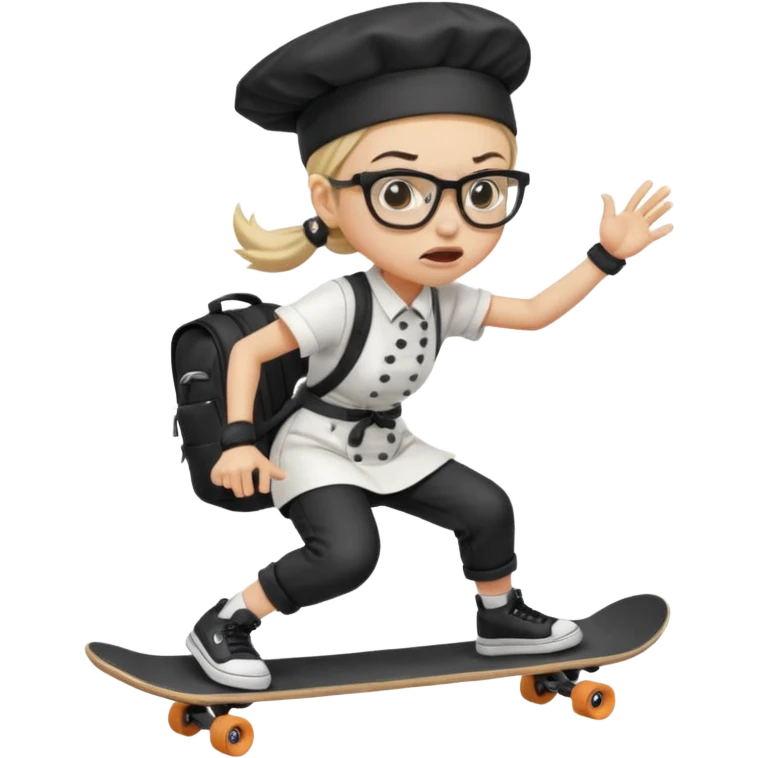 ["An angry woman with light skin, ponytail, wearing a chef hat and square glasses, dressed in goth fashion, is skateboarding while holding a backpack."] emoji