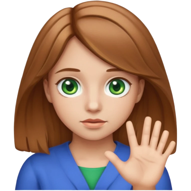 girl shrug emoji with light brown hair and green eyes with a blue ring around the iris emoji
