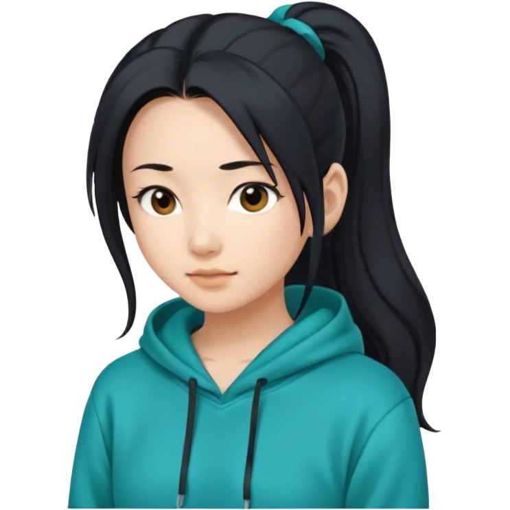 generate an asian female with long black hair in a ponytail and a teal hoodie emoji