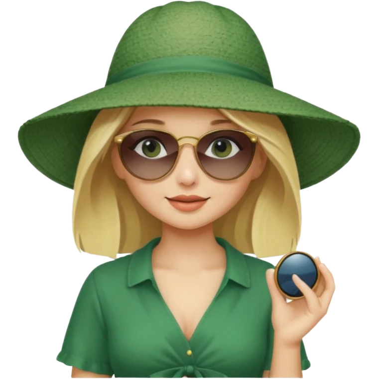 
blonde girl in dark green beach big hat adjusting sunglasses emoji