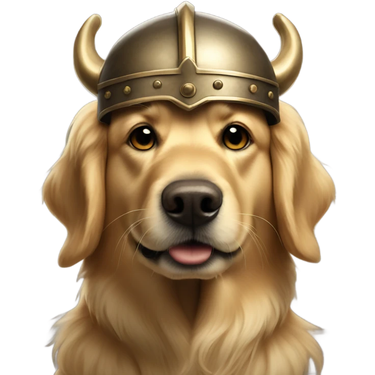 Golden retriever in dark Viking helmet with horns emoji