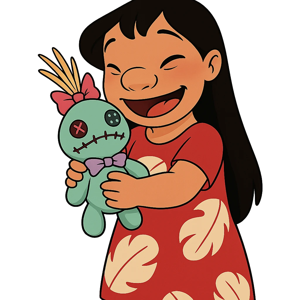 Lilo from Lilo & Stitch, smiling, holding Scrump doll, bright colors, cartoon style emoji