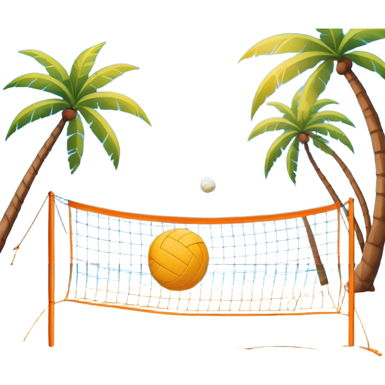 The scene captures a sunny sea beach atmosphere with clear blue sea and sky, palm trees swaying. A volleyball resting on the orange sand ground of a beach, with a volleyball net in the background.  emoji