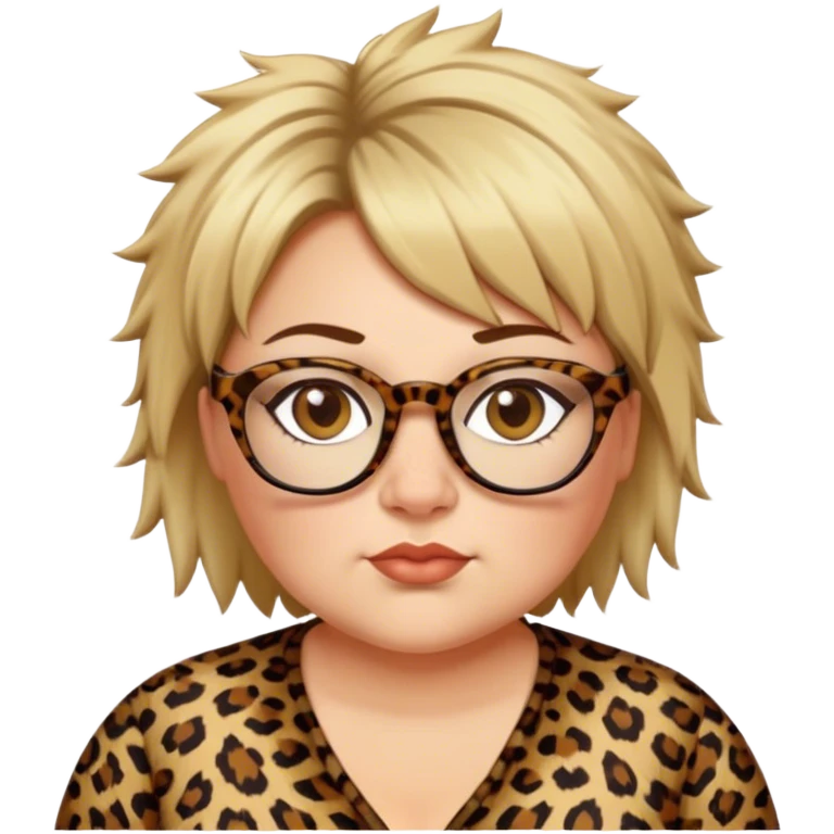 chuby white women dressed in leopard with short brown and blonde shaggy spiked hair wearing glasses with hazel color eyes and wide flat nose emoji