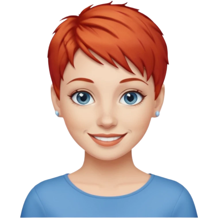 27 year old white woman, red hair, pixie cut, blue eyes emoji