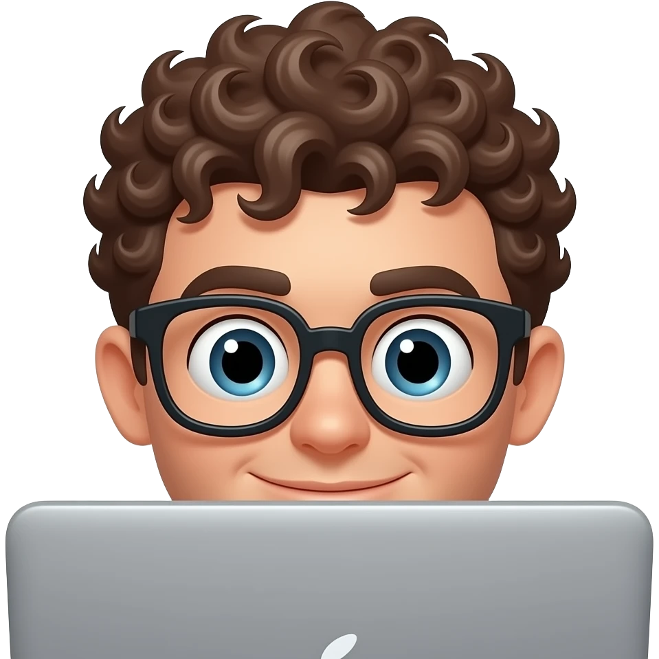 3D emoji-style male character with curly hair and big glasses, eyes wide, peeking over a laptop, emoji