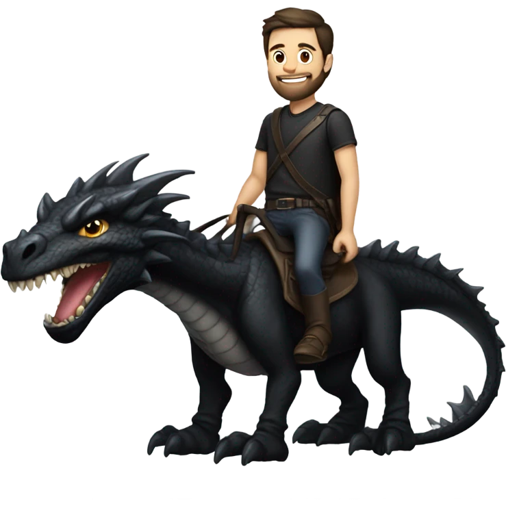 Confident White Man with dark brown hair and a short beard wearing black leather riding on the back of a giant black dragon emoji