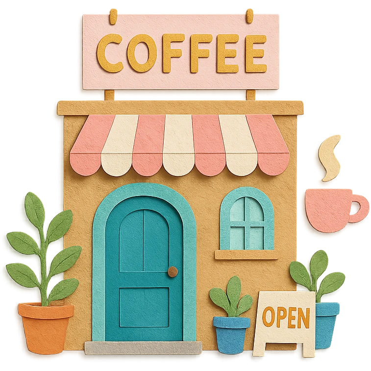 cozy coffee shop entrance with pastel hanging sign, potted plants, and cute details, hand-drawn soft pastel style emoji