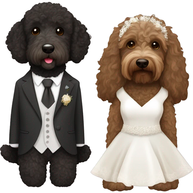 Black and brown bernadoodle in wedding dress and dark brown Australian labradoodle in suit emoji