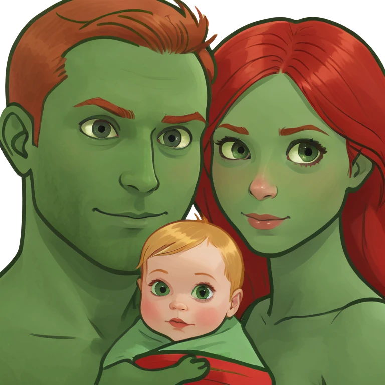Family of four. Father blue eyes light hair. Mother brown emeyes with blond me hair. 4 year old redhead with green eyes. Newborn baby girl with red hair green eyes emoji