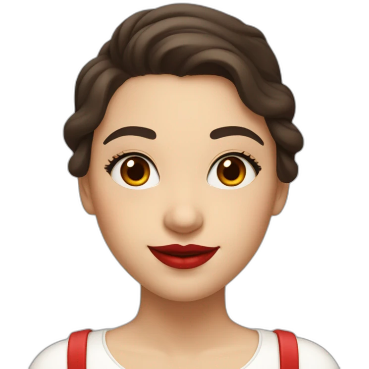 A girl with curved brown eyebrows, dark brown hair, bushy eyelashes, a high nose bridge, red lips, a white skirt with a swing neck, a fair complexion, and a smile emoji